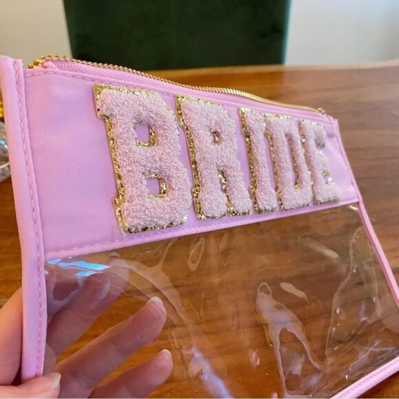 Clear Pouch with Fuzzy Patch Letters ‘Bride’ Wedding Cosmetics -Bag ONLY - Picture 3 of 11